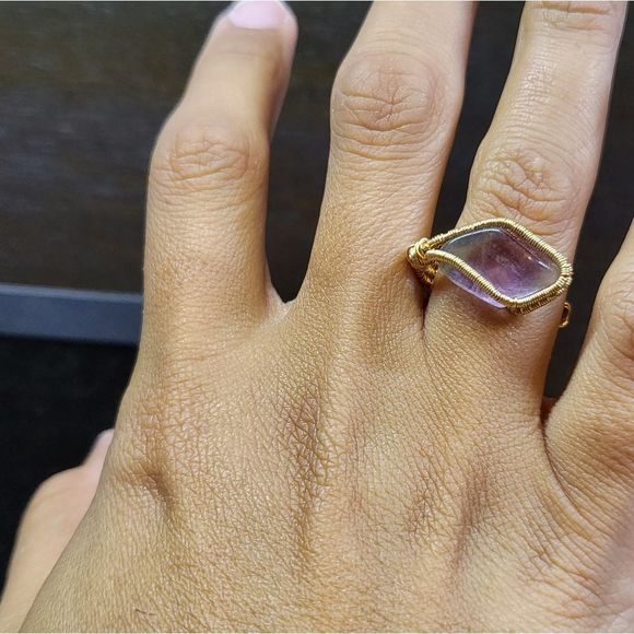 Handmade gold color adjustable ring fluorite stone - Picture 5 of 5